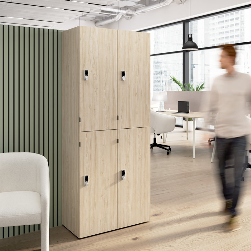 Bush Business Furniture Assure Two Tier 4 Door Storage Lockers With Keypad Locks, Natural Elm