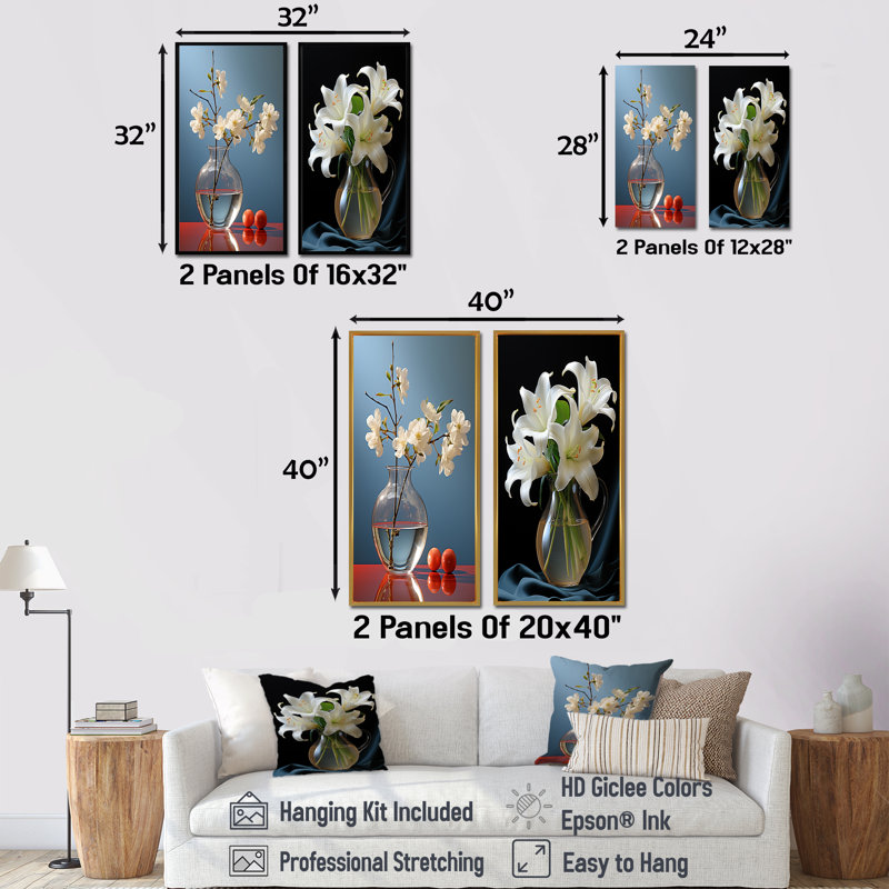 Ensemble de 2 vases perle pureté nature morte - fleurs, H 28 po x l 25 po, Toile tendue