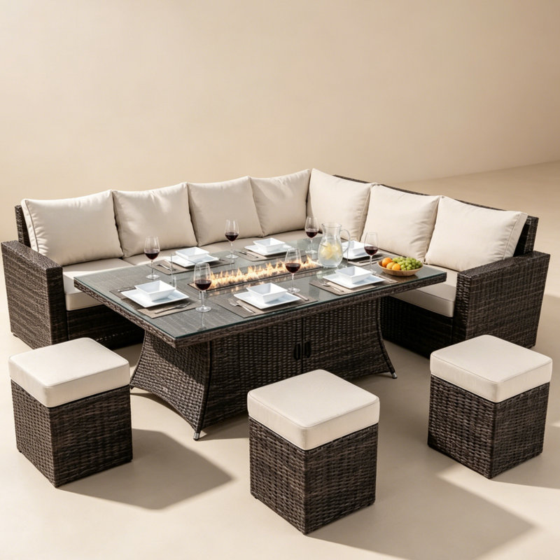 Bozhana 9 - Person Patio Dining Set with Rectangular Table , Cushions Included