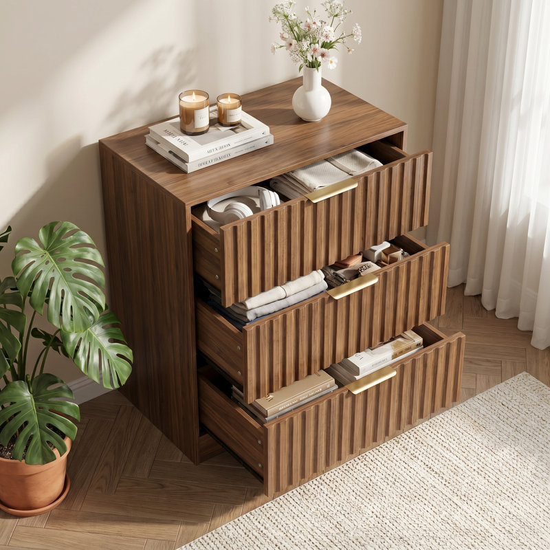 Commode 3 tiroirs cannelée - commode en bois 23,6 po, Brown