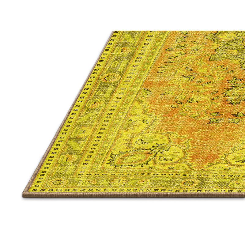 Tapis oriental en laine / polyester tissé à la machine en jaune / vert, Rectangle 2 pi x 4 pi