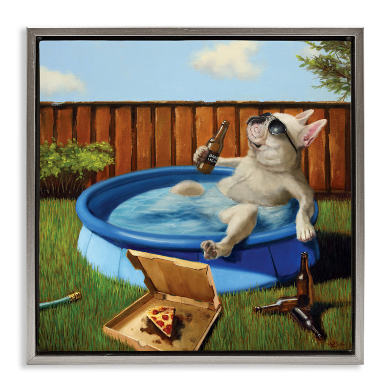 «Dog Dr potable in Summer Pool», art mural sur toile flottante par Lucia Heffernan, Cadre flottant gris lustré