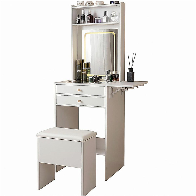 Bureau de coiffeuse avec miroir éclairé, coiffeuse de maquillage avec tiroirs et armoire de rangement pour chambre à coucher, bureau en verre, luminosité réglable à 3 modes d'éclairage, tabouret de rangement