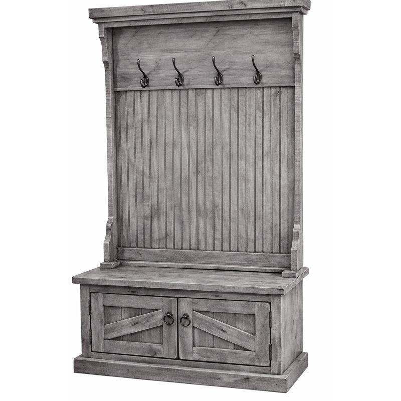 Arbre d'entrée en bois massif Kinley avec banc et rangement pour chaussures, Bois de grange rustique