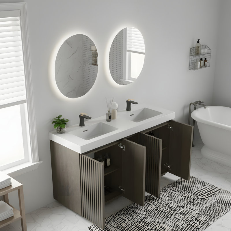 Grand lavabo de salle de bain indépendant, lavabo blanc intégré, Oak/Smoke, Blanc