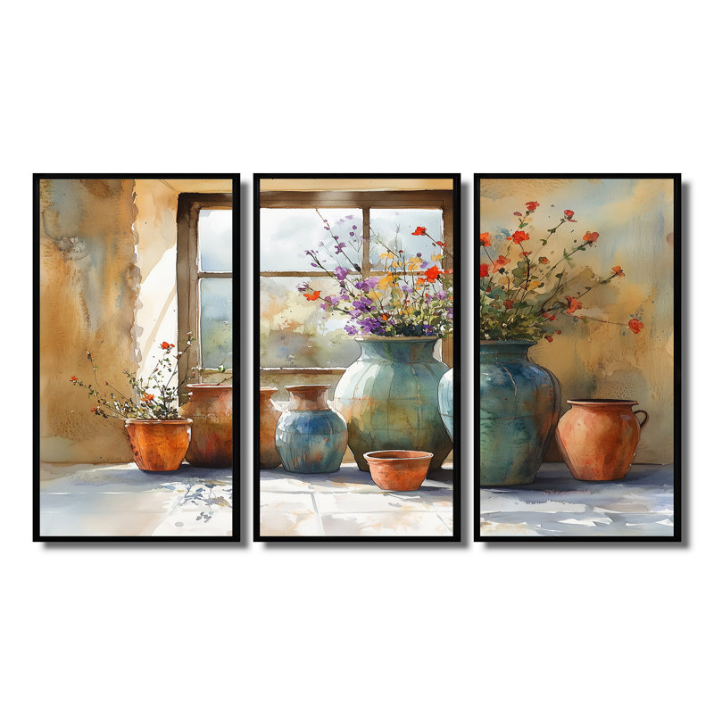 «Farm Pottery Earthy Treasures I - Boho Pottery», ensemble de reproduction d'art mural, Toile avec cadre flottant noir