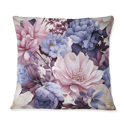 Coussin décoratif à imprimé floral bleu et mauve