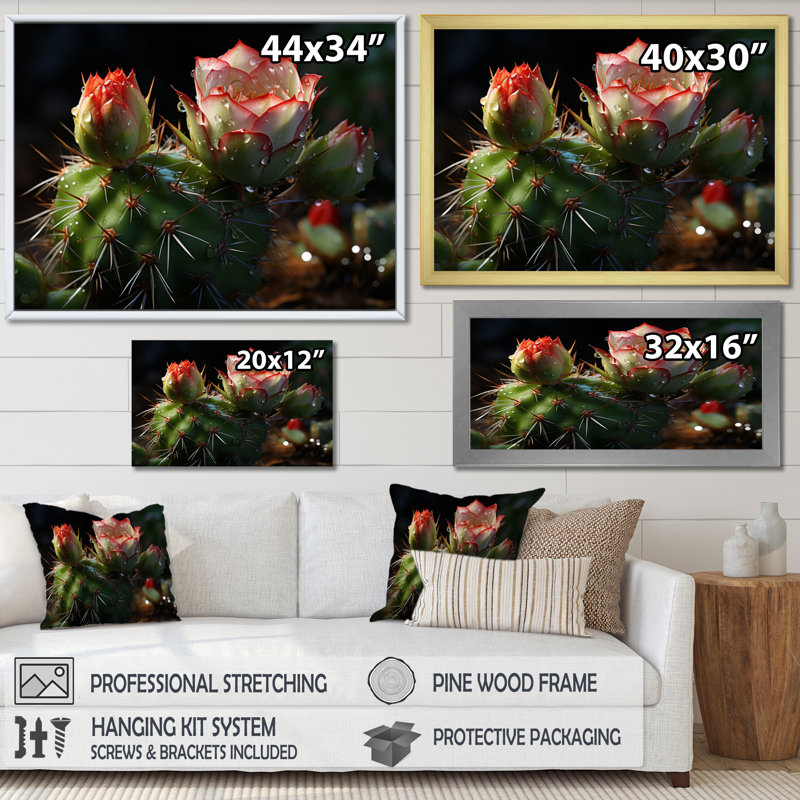 " Green Red Cactus Field ", 34" H x 44" W x 1.5" D, Gold Single Picture Framed