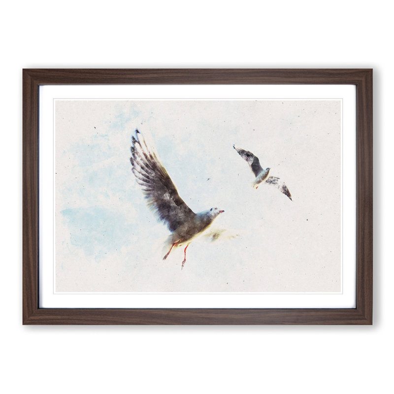 Pair of Flying Seagulls - Picture Frame Painting Print, Walnut Framed, 62cm H x 87cm W x 2cm D