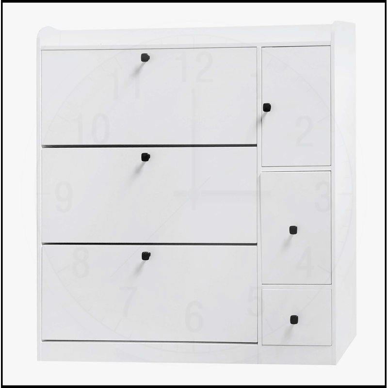 Versatile Tipping Bucket Shoe Cabinet with 3 Flip Drawers, Maximum Storage Entryway Organizer with Pull-down Seat, White