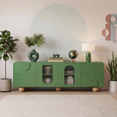 Meuble télé moderne de 70,9 pouces (180 cm) pour téléviseurs jusqu'à 75 pouces (190 cm), portes en verre cannelé cintrées, 4 tiroirs et rangement réglable, buffet multifonctionnel