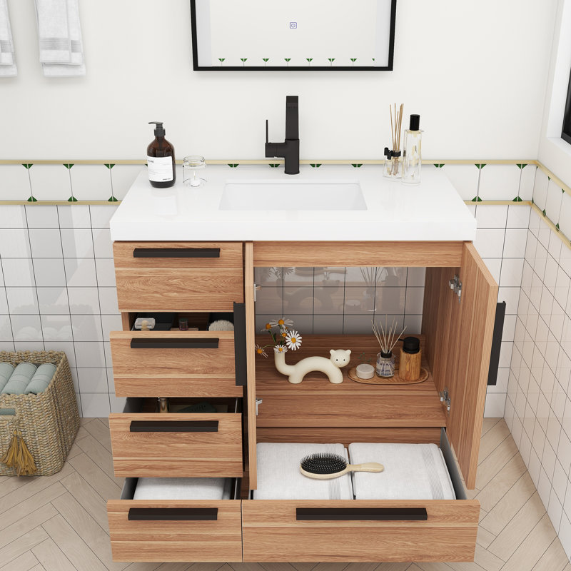 Meuble-lavabo autoportant avec tiroirs latéraux Carla, Chêne blanc, 35"