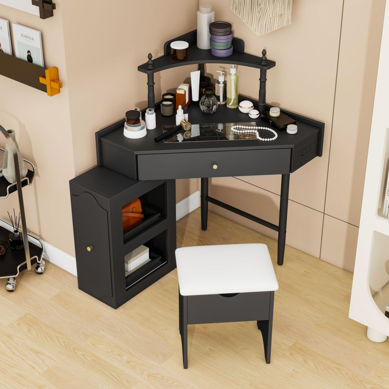 Corner Makeup Vanities Set with Storage Cushioned Stool, Pull-Out Cabinet and Glass Tabletop, Black