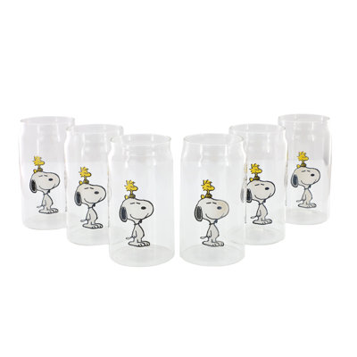 Gibson Peanuts Snoopy & Woodstock 16 Ounce Glass Tumblers Set Of 6 In Clear