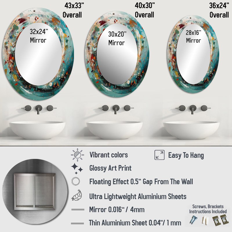 Spiral Marriage Of Electric Amber And Teal II - Modern Oval Wall Mirror, 36" x 24"