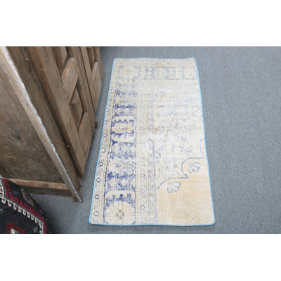 Handwoven Turkish Door Rug Features Traditional Design in Faded Blue and Beige Tones for Hallway