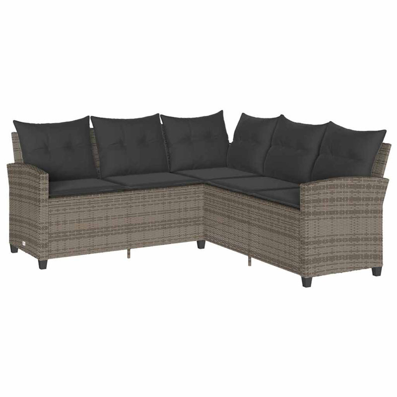 L-Shaped Couch Sofa With Cushions Poly Rattan, Grey, Navy Blue, l-shaped sofa + 4x footstool + table