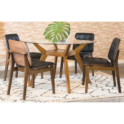 5 - Piece Round Glass Top Dining , Mid Century Influence, Brown Wood Finish, Black Upholstered Seats For A Room Modern Frame, Chairs, 4 In Kitchen Of House
