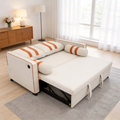 Beige 2 Seater Pull Out Sleeper Sofa Bed With Usb Charging Port, Adjustable 3-position Backrest,  Convertible Loveseat With 2 Bolster Pillows For Small Living Room, Apartment