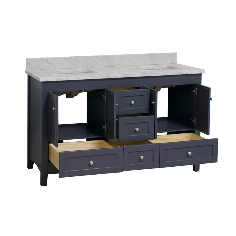 Edber 60'' Double Bathroom Vanity with Top, Marine Gray, Carrara Marble