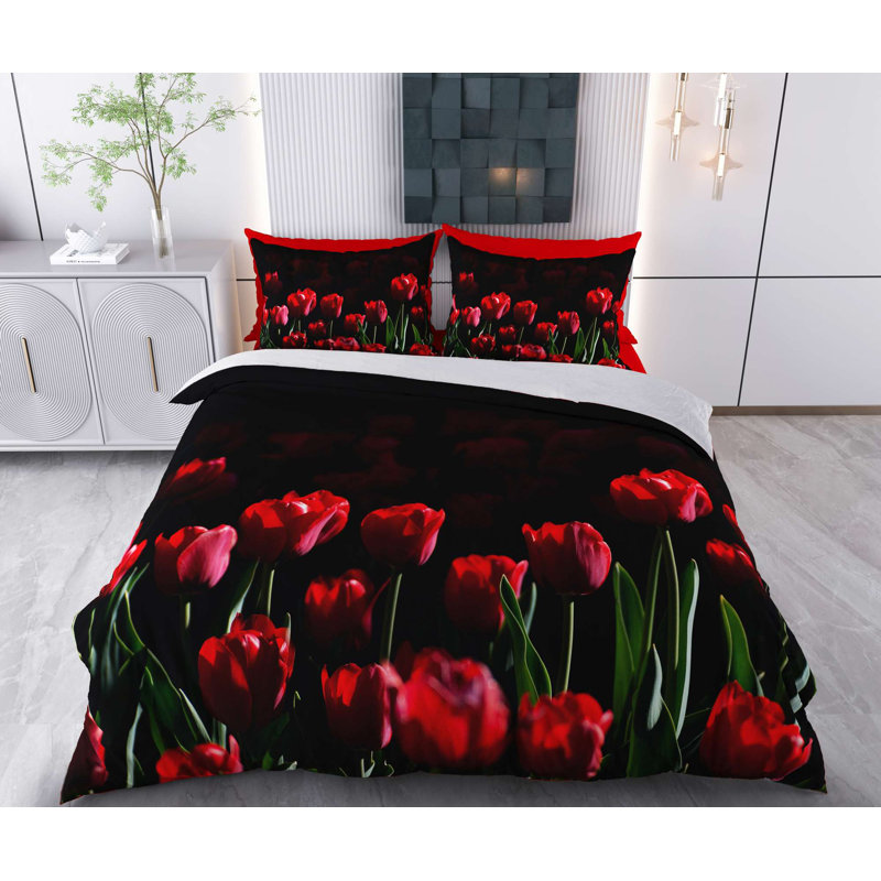 Ensemble de housse de couette, Noir / rouge / vert floral