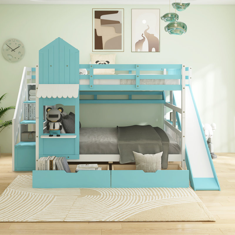Lit superposé double de style château double, Bleu, Lit superposé double sur double