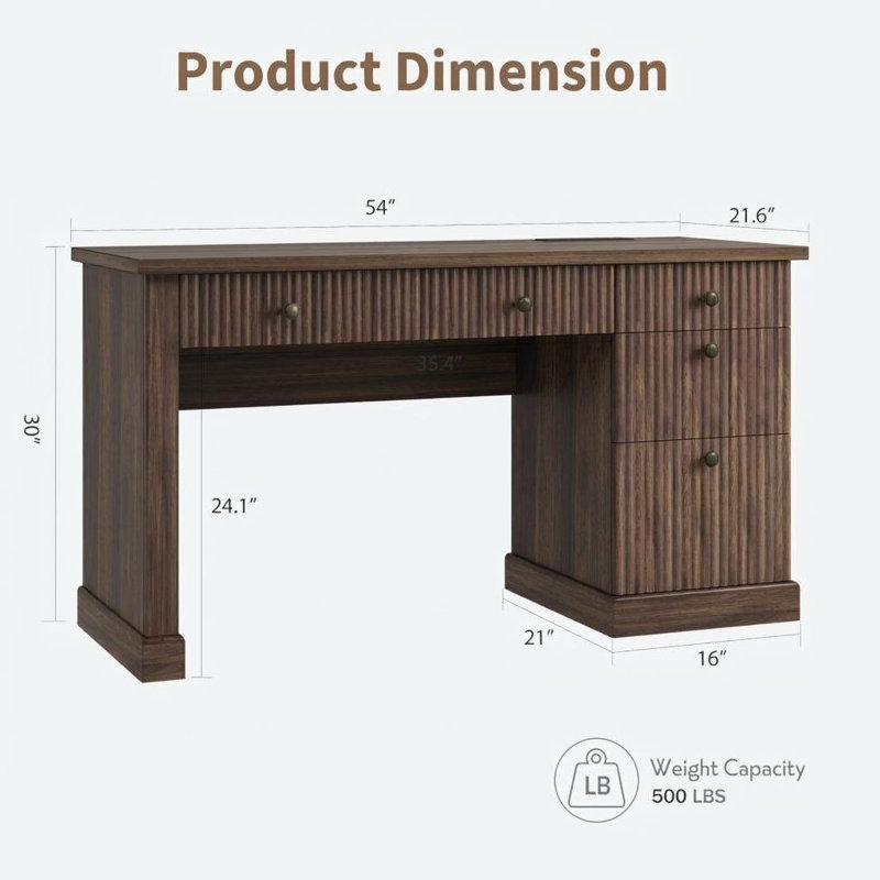54" Brown Modern Fluted Executive Desk Wooden Writing Computer Table with File Drawers Storage Cabinet & Charging Station Home Office or Small Spaces