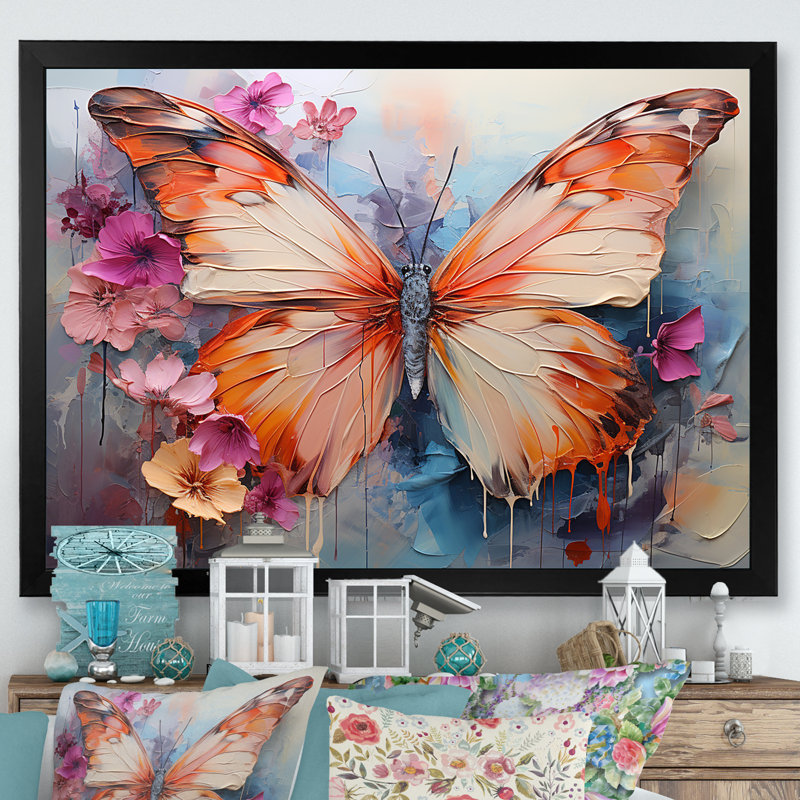 Papillon abstrait auras - art mural papillon, H 30 po x l 40 po x P 1,5 po, Cadre simple noir