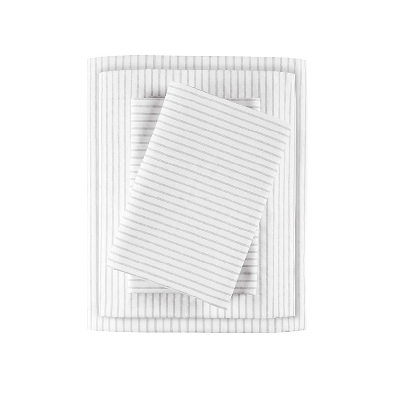 Ensemble de draps en percale de coton Grmeie Mills Esme, Ensemble de draps pour lit grand avec un drap-hous, Gris à rayures