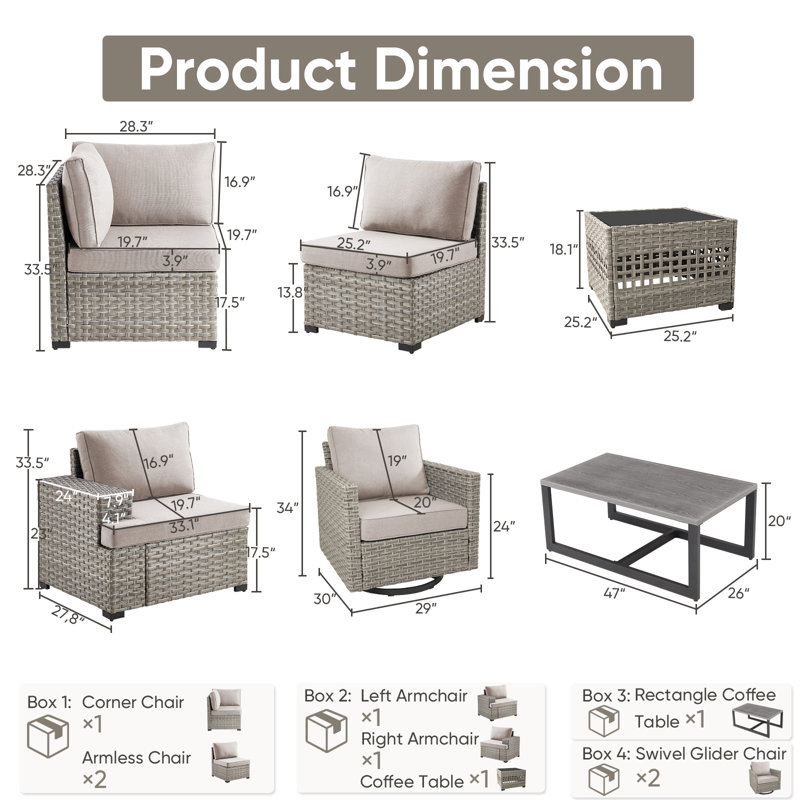 Ensemble de conversation d'extérieur en rotin et osier pour 7 personnes avec chaises sans accoudoirs et table basse Clute Arnoltice