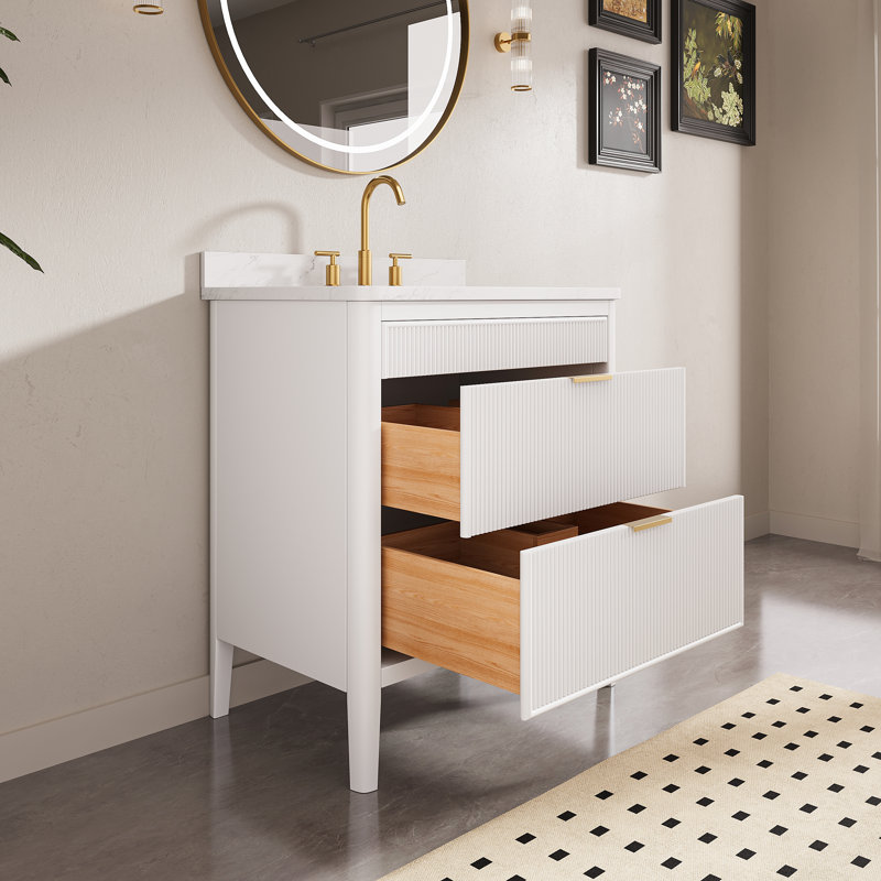 Meuble-lavabo autoportant entièrement assemblé avec comptoir en pierre reconstituée blanche, Blanc, 30"