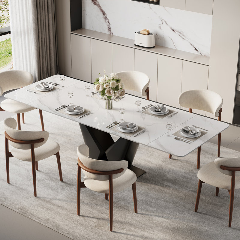 63-95" Modern Extendable Dining Table,White Glossy Sintered Stone Table top, Black Carbon Steel Base for 4-10