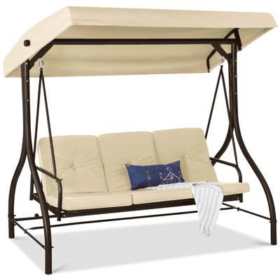  3-Seat Outdoor Converting Canopy Swing Glider Patio Hammock W/ Removable Cushions - Ivory