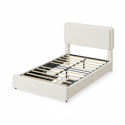 Structure de lit double rembourrée en molleton doux crème avec tête de lit nuage ajustable et 2 tiroirs sans sommier