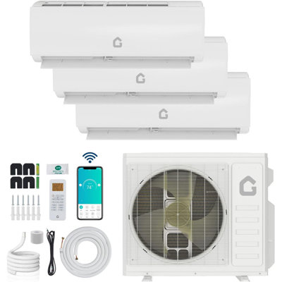 Mini système de chauffage / climatisation à 3 zones 35 000 BTU, unités intérieures 9 000 + 9 000 + 12 000 BTU, 19 SEER2 Wi-Fi activé, 208-230 V, ligne de cuivre de 16 pi et ensemble complet pour une couverture de 1500 pieds carrés