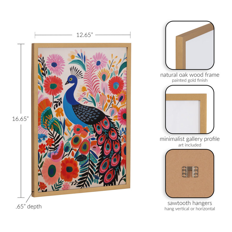 Art moderne paon vibrant moderne, Cadre doré, H 12,65 po x l 16,65 po
