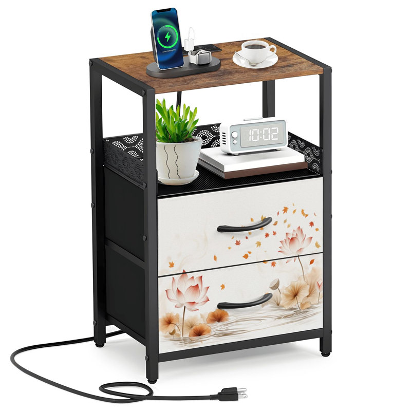 Table de chevet 2 tiroirs en tissu avec station de charge Art populaire coréen Lotus