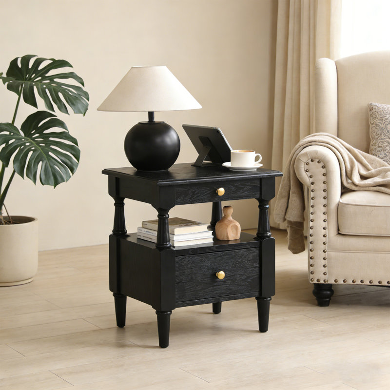 Table de chevet avec tiroirs et tablette ouverte Modern, Noir