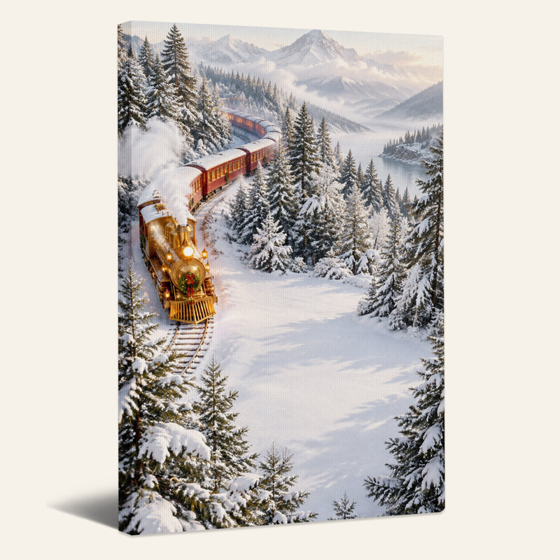 Art rétro sur toile rétro, train à vapeur rouge dans la forêt enneigée, H 18 po x l 12 po