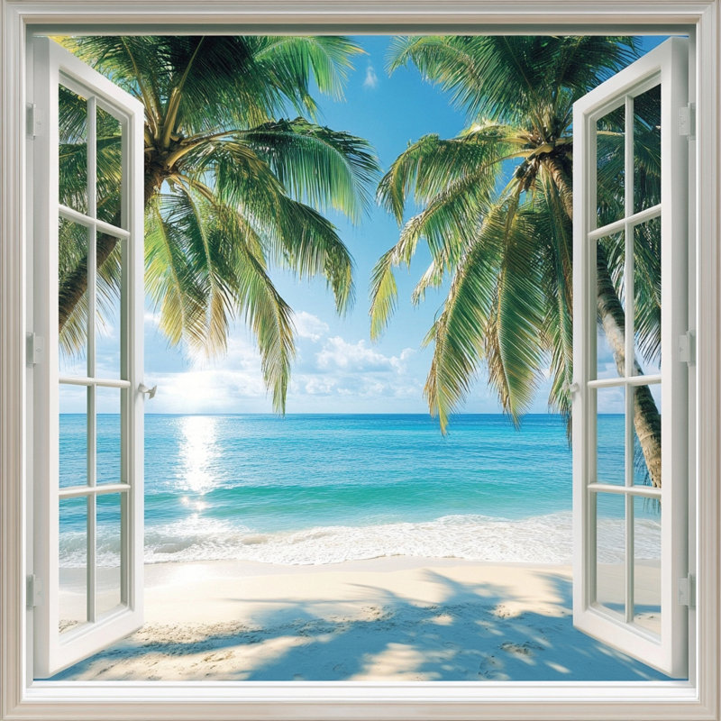 «Blue Paradise with Sun-Kissed Palms», art mural sur toile, H 20 po x l 20 po