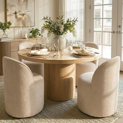 4 - Person Dining Table Sets With Solid Wood Round Table & 4 Upholstered Chenille Chairs