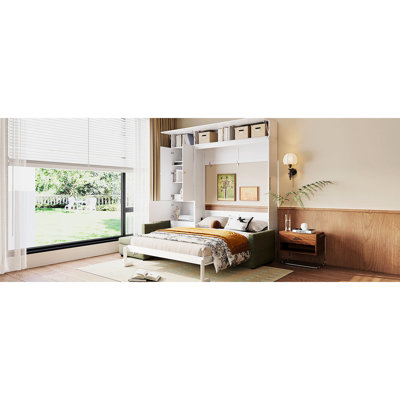 Grand lit mural avec rangement, panneau blanc, assemblage facile pour les petits espaces de vie, construction stable