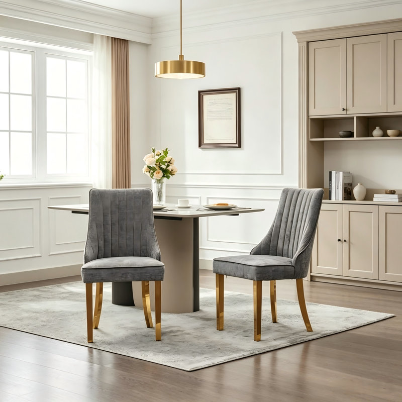 Chaise de salle à manger rembourrée haut de gamme à dossier haut avec pieds en bois massif (lot de 2), Chenille, Grey, Steel