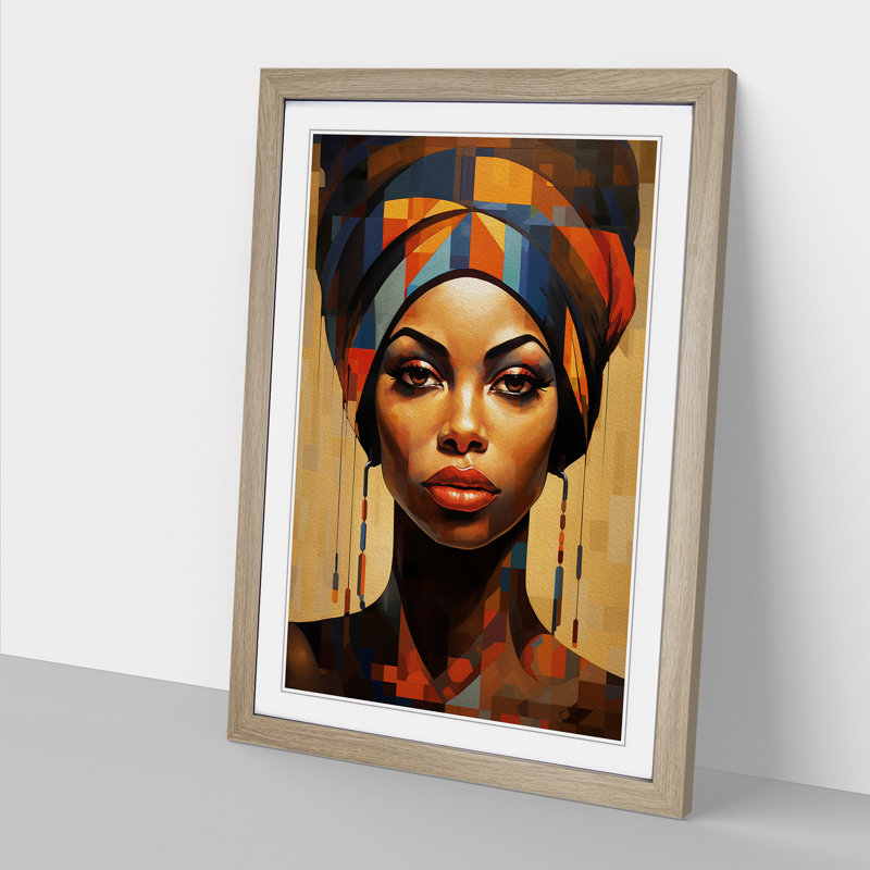 African Woman Geometric Framed Print, 34cm H x 25cm W x 2cm D, Oak 