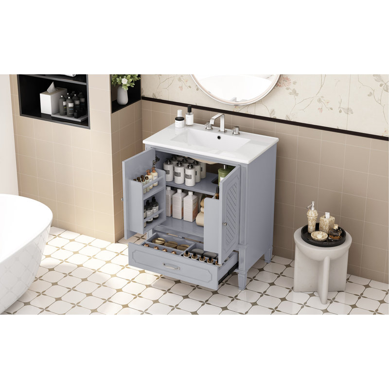 Meuble-lavabo vintage avec lavabo, rangement et fabrication durable, Argent argent, Gris