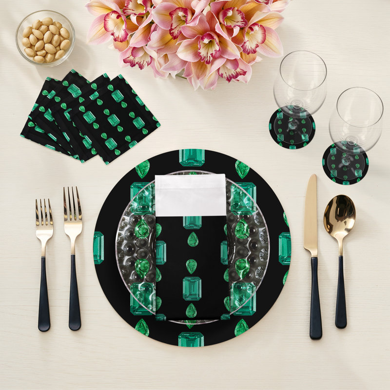 Gem Emeralds Gold Vegan Leather Round Coasters, Black