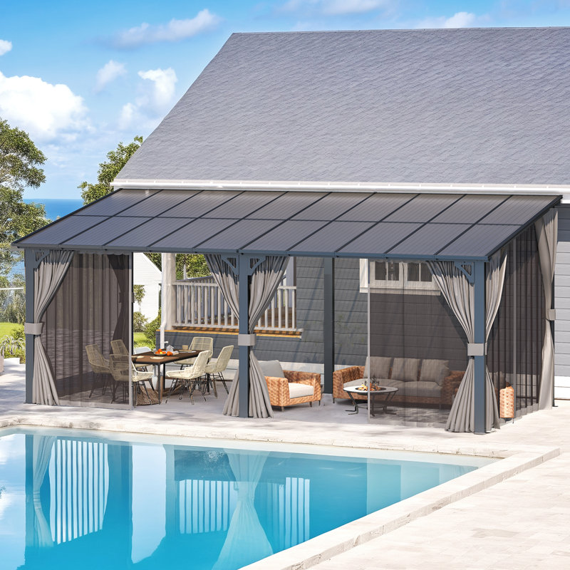 Lean-To Wall-Mounted Pergolas With Curtains And Netting, 96" H x 240" W x 96" D