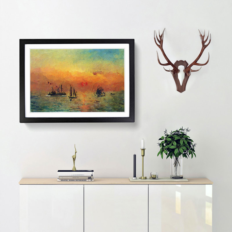 Sunrise in a Port by Fujishima Takeji - Picture Frame Painting Print, Black Framed, 48cm H x 65cm W x 2cm D