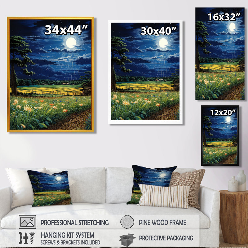 «Moonlight Magic Over Blossoming Green Fields», impression d'art mural de ferme, H 32 po x l 24 po x P 1 po, Toile tendue