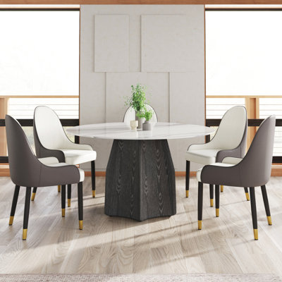 Table de salle à manger 53 po ronde en pierre frittée blanche - Base en bois massif 6 meubles de salle avec plateau couleur et texture pouvant accueillir 6 personnes